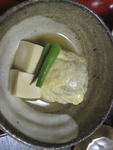 Koya-Tofu and Yuba-Ni:  Dried Tofu cooked in slightly sweet soy source soup, and Tofu Skin wraping some vegetable.  